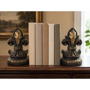 Pair of Ornate Fleur-de-Lis Bookends Bronze Gold-Tone French Style Home Decor